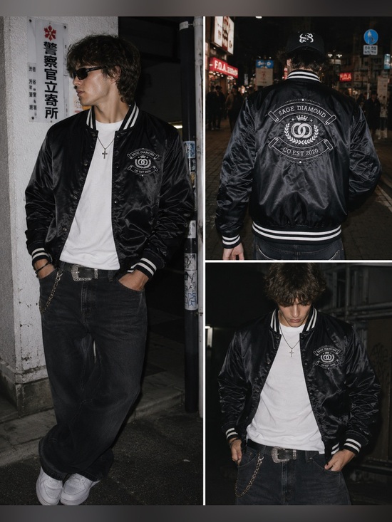 Sage Diamond Other - Sage Diamond Bomber Jacket Men's Medium Black Embroidered CO EST 2020 Streetwear